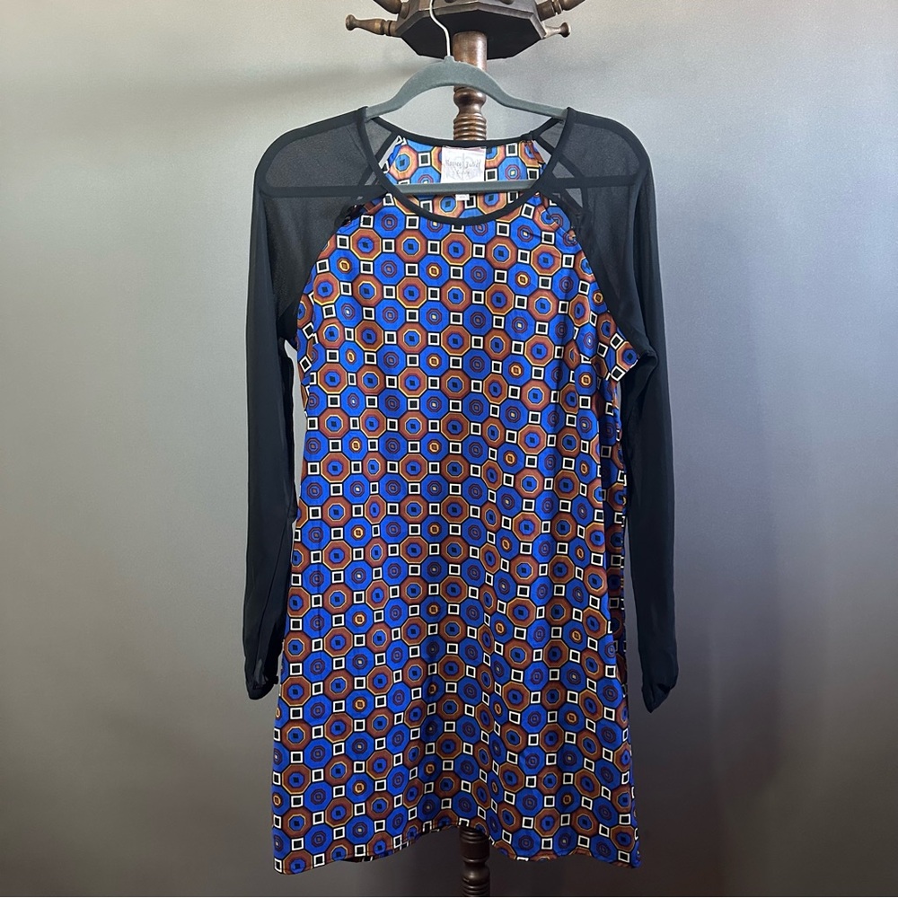 Romeo & Juliet Couture Sheer Sleeve Tunic Shift Dress Blue Brown